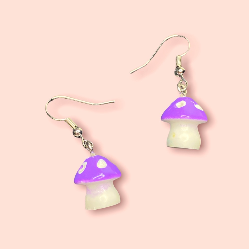 The MOST adorable Shroom Baby Purple earrings by Tata, festival ready to wear